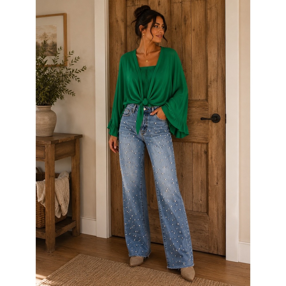 Zara High Rise Pearl Embellished Straight Leg Jeans Light Blue Size 4 US 26 MEX